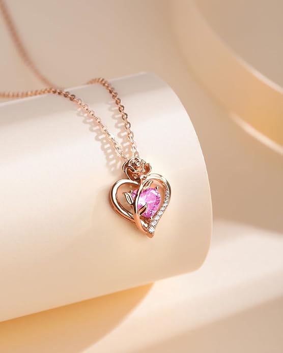 Anniversary Birthday Gifts for Women - Heart Birthstone Necklace: 925 Sterling Silver Rose/White/Yellow Gold Pendant Necklaces Gold Jewelry Gift for Wife Girlfriend Mom Daughter Grandma