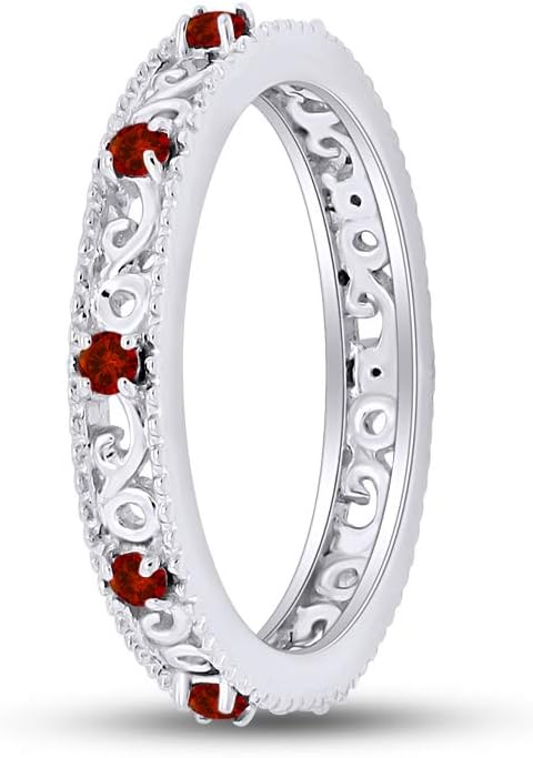 Jewel Zone US Filigree Eternity Wedding Band Ring for Women, Round Cut Simulated Gemstone Stackable Promise Ring in 14K Gold Plated 925 Sterling Silver Band Width 3.5mm – Elegant Jewelry for Her