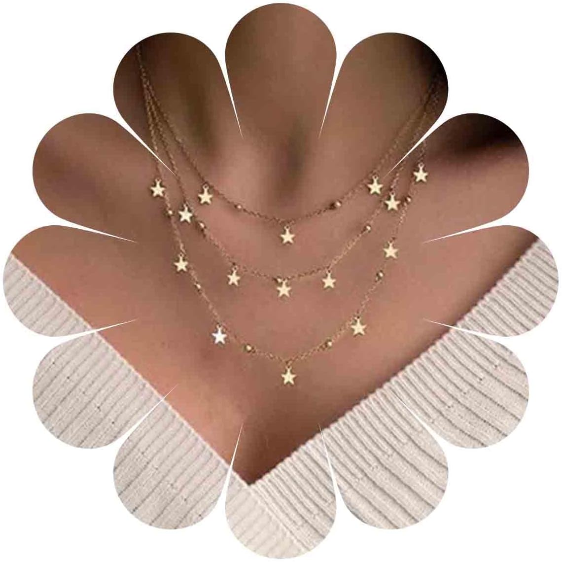 Vintage Layered Star Dangle Necklace Star Pendant Necklace Tiny Star Necklace Gold Bead Chain Necklace Jewelry for Women