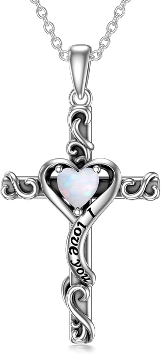TOUPOP Cross Birthstone Necklace for Women 925 Sterling Silver Heart Cross Pendant I Love You Jewelry Anniversary Birthday Mothers Day Gifts for Mom Wife Her