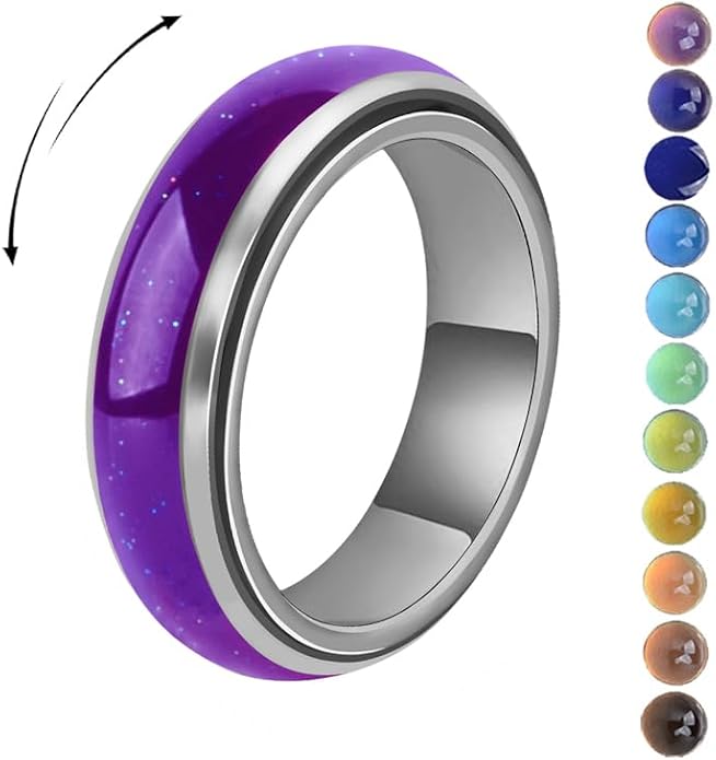 Mood Fidget Ring for Women Teens - 6mm Stainless Steel Temperature Sensative Color Changing Spin Rings for Anxiety Relief Mood Jewelry