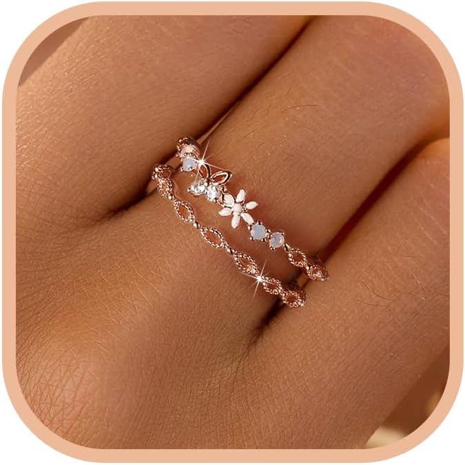 LOVECOM 925 Sterling Silver Butterfly Daisy Flower Rings for Women Mothers Self Love Ring for Myself Adjustable Gold Layered Colorful Opal Cubic Zirconia Stackable Ring Jewelry Gifts to Daughter