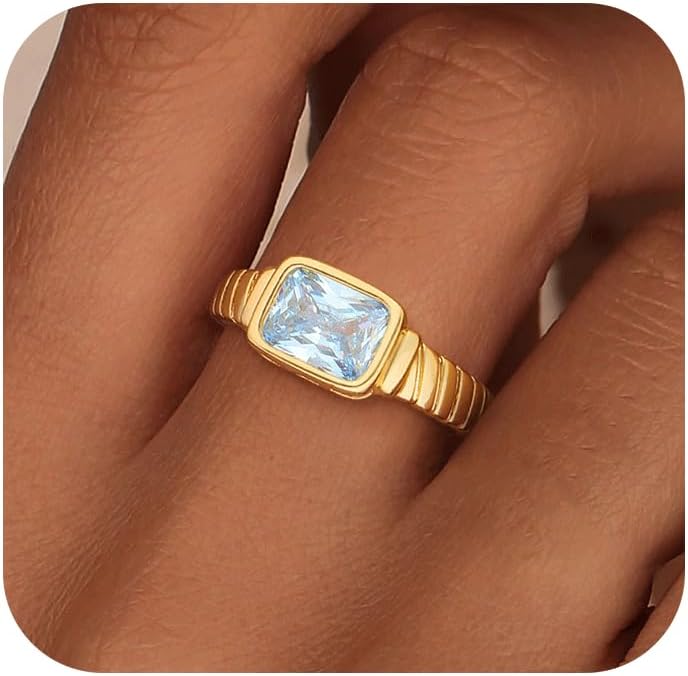 ZHESHY Birthstone Gold Rings for Women Non Tarnish Vintage Gemstone Emerald Rings 14K Gold Plated CZ Signet Thumb Band Rings Jewelry Gift for Birthday Size 6-10