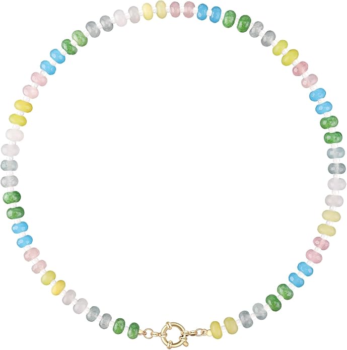 LALAPPLE Colorful Beaded Gemstone Necklace for Women, Boho Rainbow Bead Choker with Natural Stone Crystal Beads, Handmade Summer Beach Necklace Jewelry
