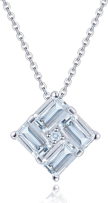 Natural Aquamarine Pendant Necklace for Women S925 Sterling Silver Gemstone March Birthstone Square Elegant Charm Fine Jewelry for Birthday