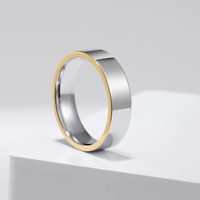 King Will 316L Stainless Steel Men's Wedding Band – 6/8 mm Dual-Tone Wedding Ring Polished Finish with Gold/Black Steel Plating, Fashionable and Durable Stainless Steel Men's Ring Size 7-14