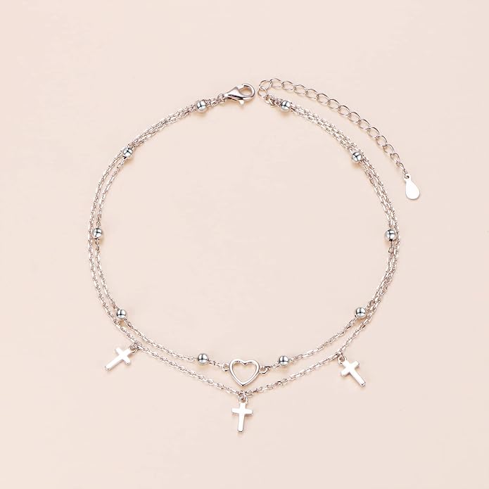 Alphm Anklet for Women S925 Sterling Silver Adjustable Foot Evil Eye Starfish Heart Bead Butterfly Celtic Knot Cross Multilayer Layered Ankle Bracelet Jewelry