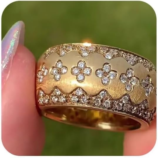 18K Gold Italian Handcrafted Brushed Buccellati-Style Ring – Luxury Four-Leaf Clover Diamond-Cut Zirconia Ring for Women, Elegant Vintage Royal Jewelry Size 9
