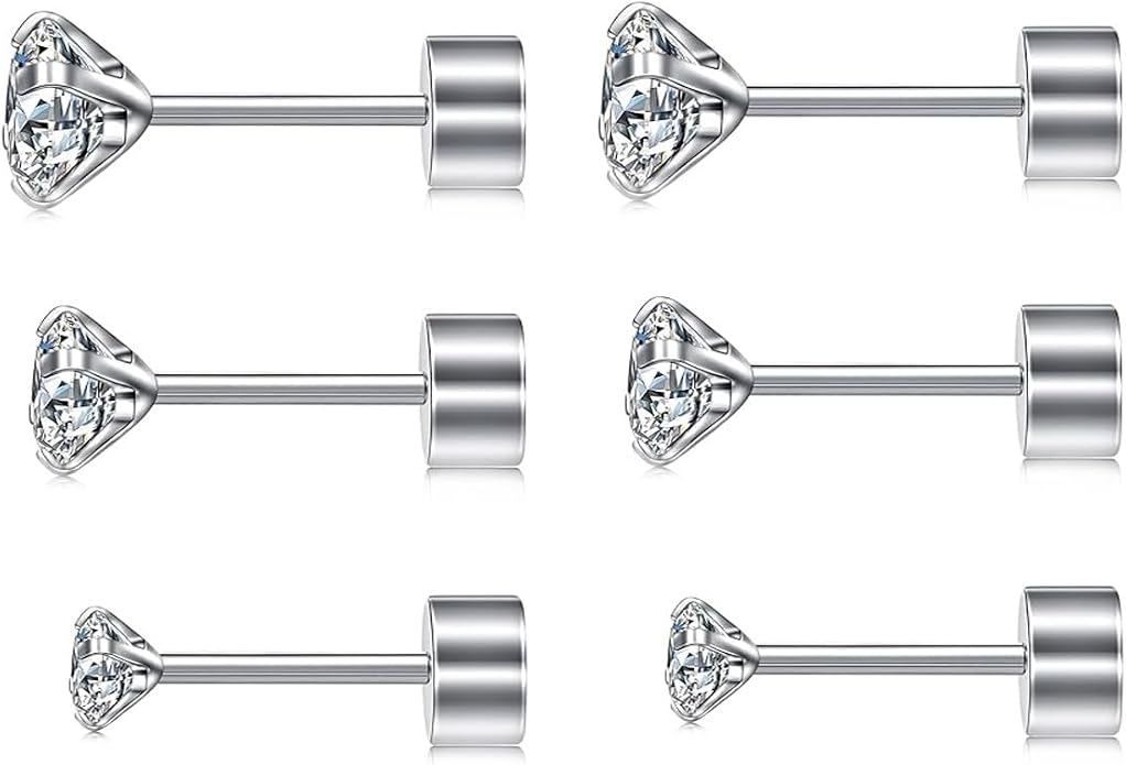 20G Hypoallergenic G23 Titanium Cubic Zirconia Silver Flat Back Earrings for Women and Men,Nickel-Free and Lead-Free Medical Waterproof Studs,Cartilage Stud Earrings for Sensitive Ears,Fashion Piercing Jewelry for Sensitive Skin