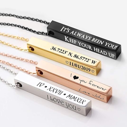 Custom Name Necklace Personalized 3D Engraved Bar 18K Gold Plated Necklace Father's Day Gifts Customized Name Jewelry Gift for Women Men