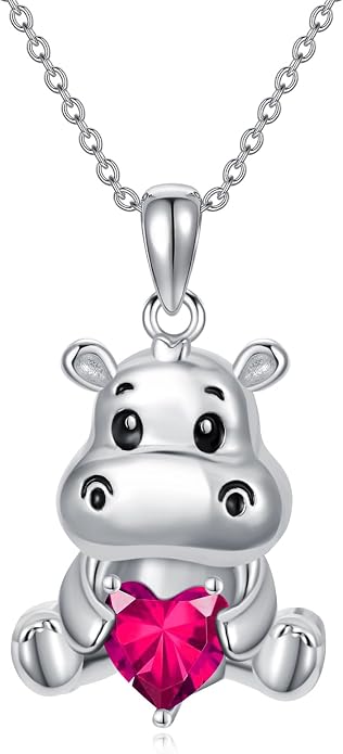 PROESS Animal Birthstone Necklace 925 Sterling Silver Otter/Axolotl/Hippo/Elephant/Dachshund/Monkey/Red Panda Pendant Necklace Animal Birthstone Jewelry Gifts for Women