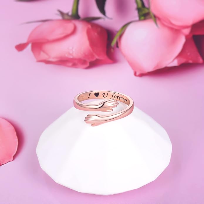 S925 Sterling Silver Hug Rings for Women Teen Girls Adjustable Ring for Granddaughter Daughter Hope Promise Friendship Hand Ring Jewelry for Birthday Graduation Christmas Mothers Day Valentines Gifts