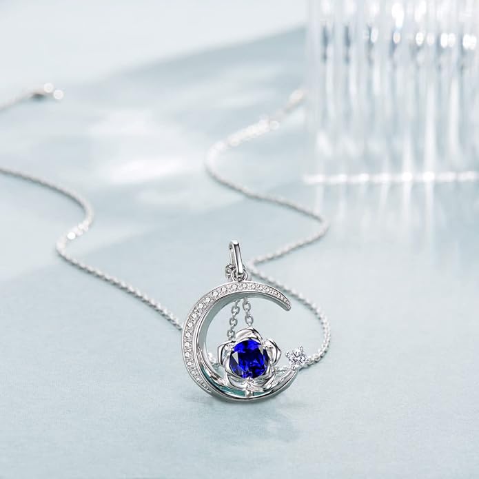 Birthstone Necklace for Women Sterling Silver Moon Pendant Necklaces Anniversary Birthday Fine Jewelry Gifts for Her Women Mother, Adjustable Chain