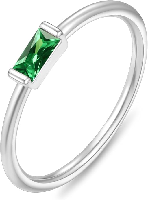 RLMOON Birthstone Rings for Women Non Tarnish Gold Stackable Rings Dainty 14K Gold/Silver Plated Baguette CZ Emerald Green Pinky Ring Personalized Jewelry Gift for Birthday Size 4-10