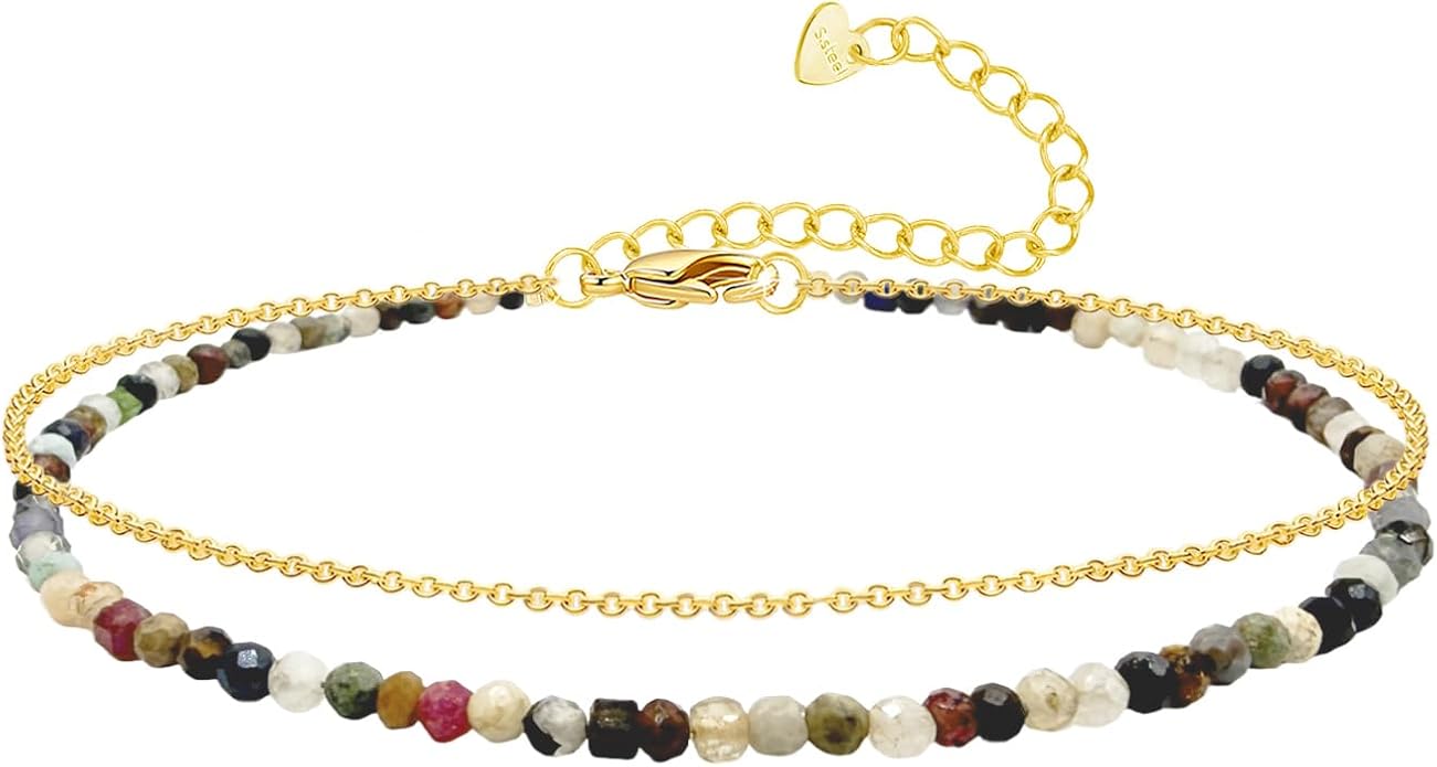 Ankle Bracelet for Women, Dainty 18k Gold Natural Stone Beaded Anklet Adjustable Double Ankle Chain Waterproof Summer Boho Foot Jewelry Birthday Anniversary Graduation Gifts