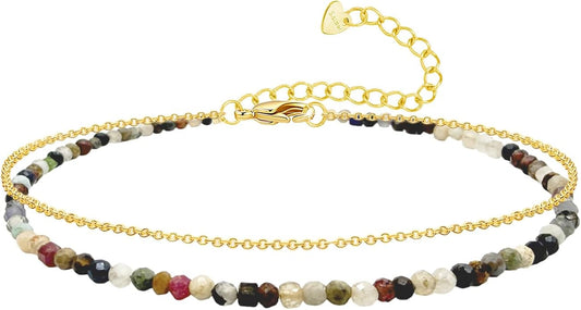 Ankle Bracelet for Women, Dainty 18k Gold Natural Stone Beaded Anklet Adjustable Double Ankle Chain Waterproof Summer Boho Foot Jewelry Birthday Anniversary Graduation Gifts