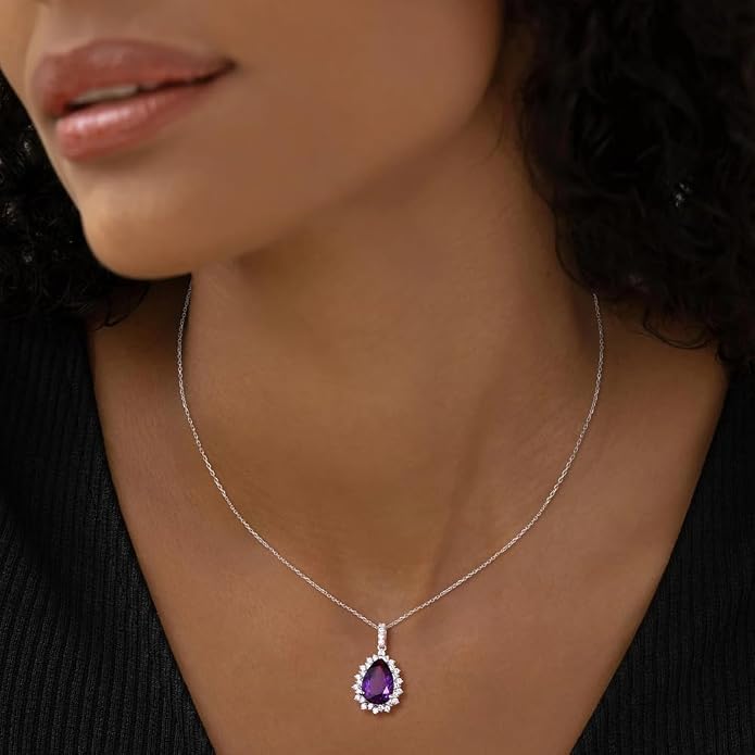 925 Sterling Silver Teardrop Necklace for Women Huge Created Gemstone Solitaire Halo Pendant Pear Cut Birthstone Necklace