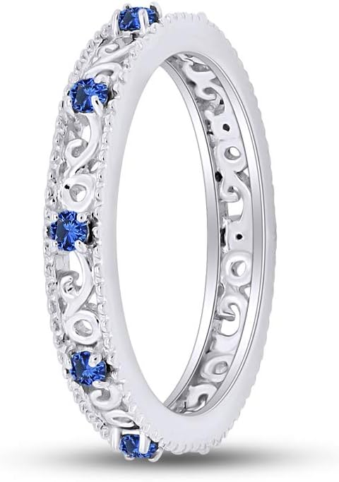 Jewel Zone US Filigree Eternity Wedding Band Ring for Women, Round Cut Simulated Gemstone Stackable Promise Ring in 14K Gold Plated 925 Sterling Silver Band Width 3.5mm – Elegant Jewelry for Her