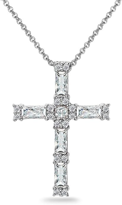 B. BRILLIANT Sterling Silver Baguette-cut AAA Cubic Zirconia Cross Necklace Made for Women