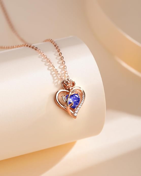 Anniversary Birthday Gifts for Women - Heart Birthstone Necklace: 925 Sterling Silver Rose/White/Yellow Gold Pendant Necklaces Gold Jewelry Gift for Wife Girlfriend Mom Daughter Grandma