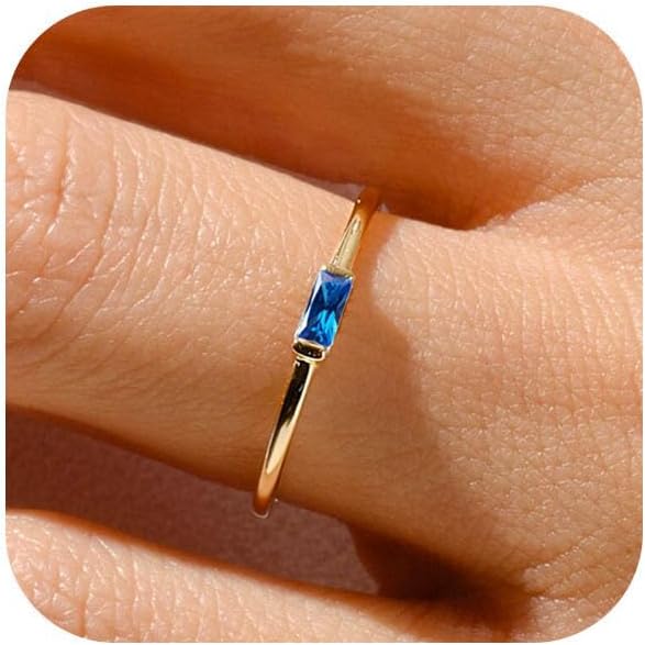 RLMOON Birthstone Rings for Women Non Tarnish Gold Stackable Rings Dainty 14K Gold/Silver Plated Baguette CZ Emerald Green Pinky Ring Personalized Jewelry Gift for Birthday Size 4-10