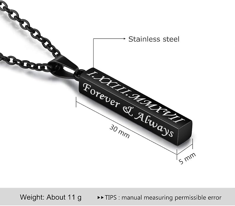 Personalized Engraved Necklace for Women Men Custom Stainless Steel Necklace Engraved Name Vertical Bar Necklace Birthday Gifts for Boyfriend (Black)