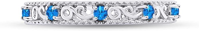 Jewel Zone US Filigree Eternity Wedding Band Ring for Women, Round Cut Simulated Gemstone Stackable Promise Ring in 14K Gold Plated 925 Sterling Silver Band Width 3.5mm – Elegant Jewelry for Her