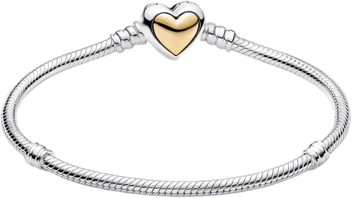 Annmors 925 Sterling SIlver Snake Chain Bracelet with Arch-shaped Gold Heart Clasp Compatible with Women's Bangle Charm & Pendants