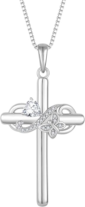 Infinity Butterfly Cross Necklace for Women 925 Sterling Silver Christian Religious Crucifix Pendant Birthstone Jewelry Gifts for Her