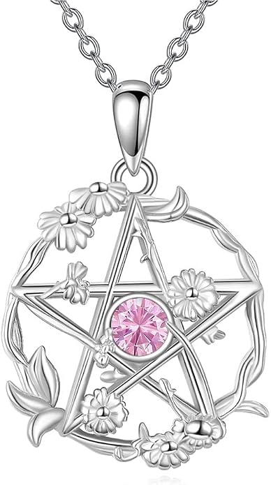 Birthstone Pentagram Necklace for Women 925 Sterling Silver Pentacle Daisy Pendant Pentacle Jewelry Birthday Gifts