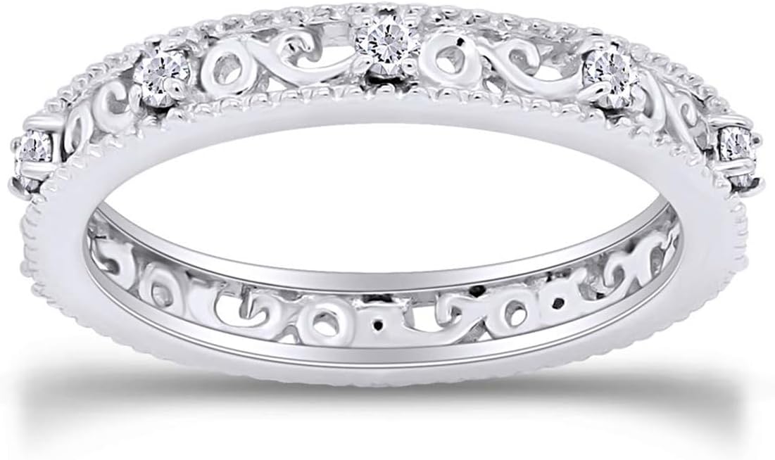 Jewel Zone US Filigree Eternity Wedding Band Ring for Women, Round Cut Simulated Gemstone Stackable Promise Ring in 14K Gold Plated 925 Sterling Silver Band Width 3.5mm – Elegant Jewelry for Her