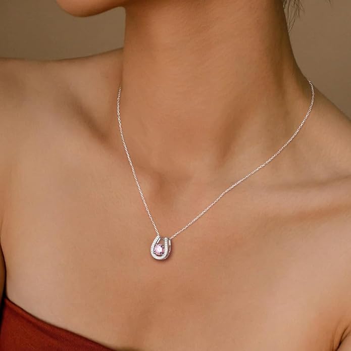 925 Sterling Silver Horseshoe Necklace for Women Round Gemstone Birthstone Necklace Sapphire/Emerald/Ruby/CZ Horse Shoe Pendant Necklaces Jewelry Gift
