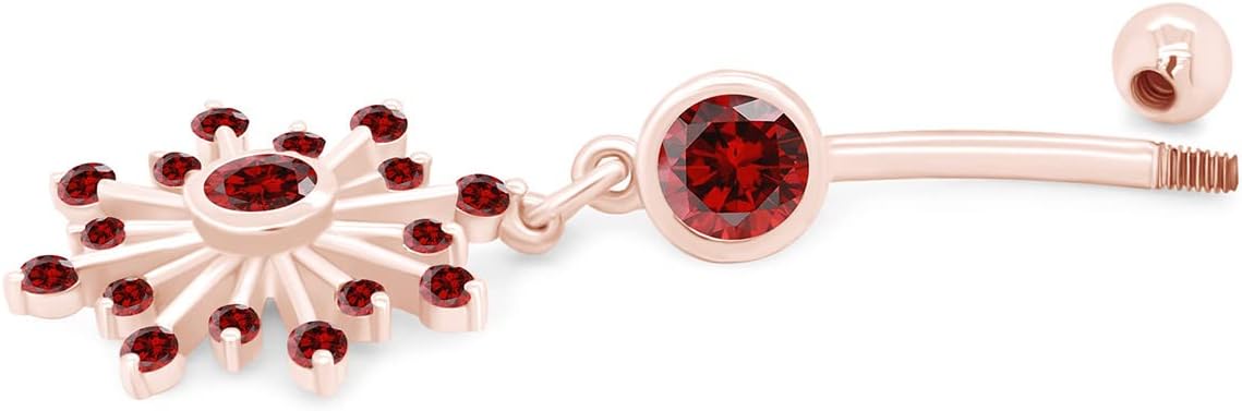 AFFY Snowflake Belly Button Ring for Women Simulated Birthstone, Round Cut Gemstone in 14K Gold Over 925 Sterling Silver, Navel Barbell Piercing Jewelry for Her