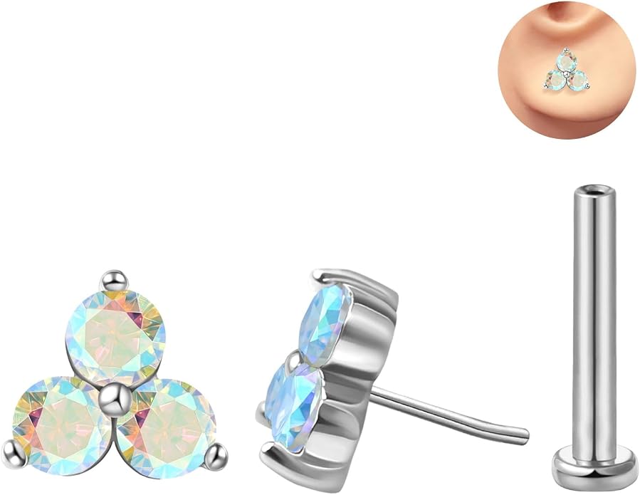 FANSING Cartilage Earring Tragus Stud Trio CZ Stone Flat Back Earring for Helix Conch Threadless Push Pin Labret Stud