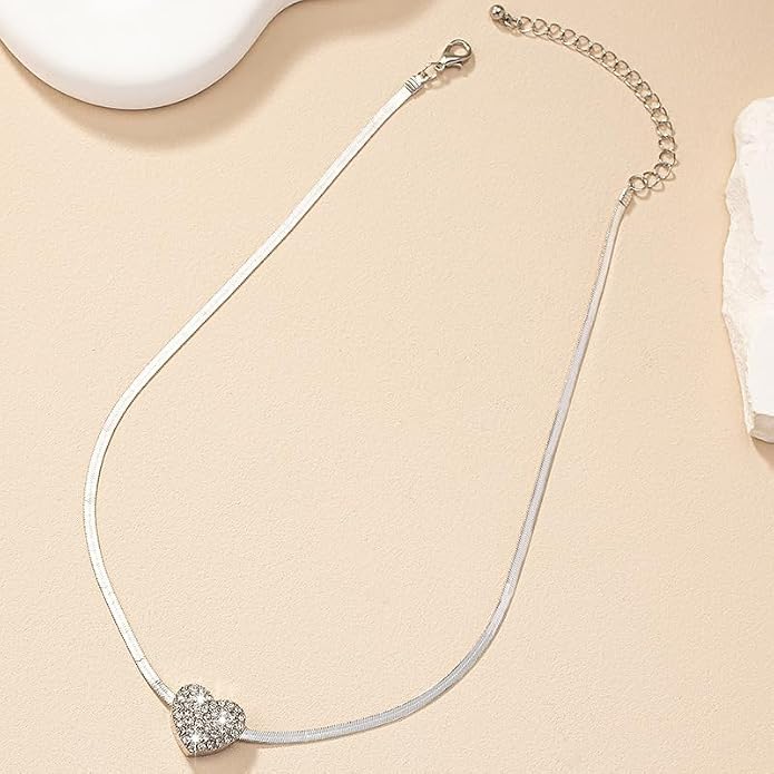 Heart Pendant Herringbone Choker Necklace For Women Gold Silver Options Crystal Pave Charm Adjustable Layering Style Minimalist Chic Everyday Wear