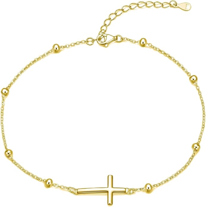Rnivida 925 Sterling Silver Anklet for Women, Dainty Cross, Evil Eye, Anchor, Wave Beads Chain Ankle Bracelet