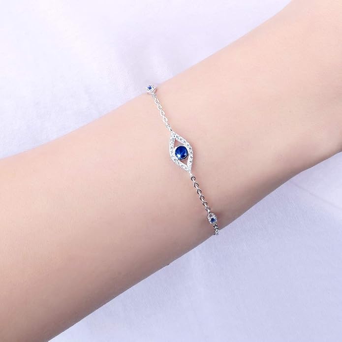 Blue Evil Eyes Link Bracelet, Evil Eye Earrings, S925 Sterling Silver Dainty Cubic Zirconia Adjustable Link Lobster Claw Clasp Chain Jewelry