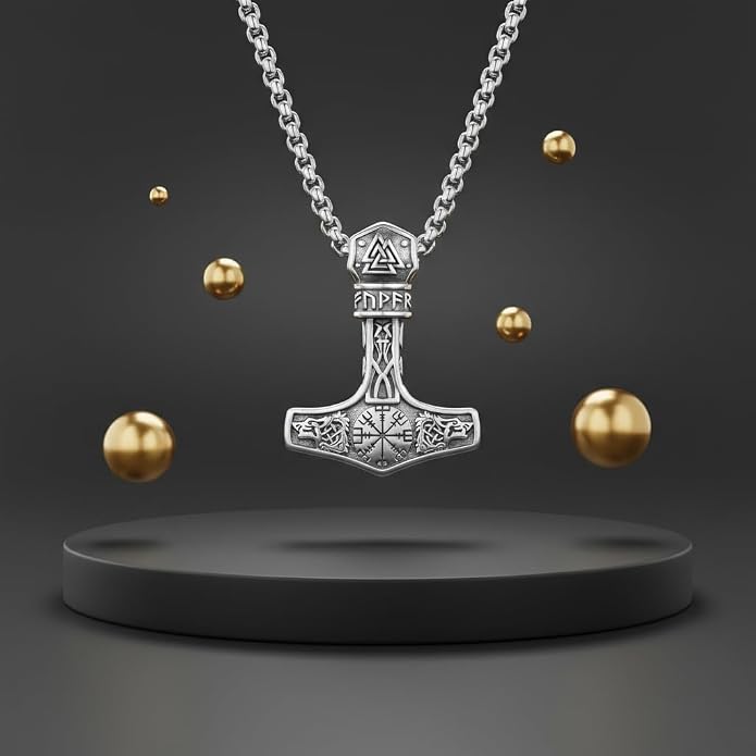Thors Hammer Necklace 18K White Gold Plated Viking Mjolnir Necklace Oxidize Norse Runes Amulet Jewelry gifts for Women Mom