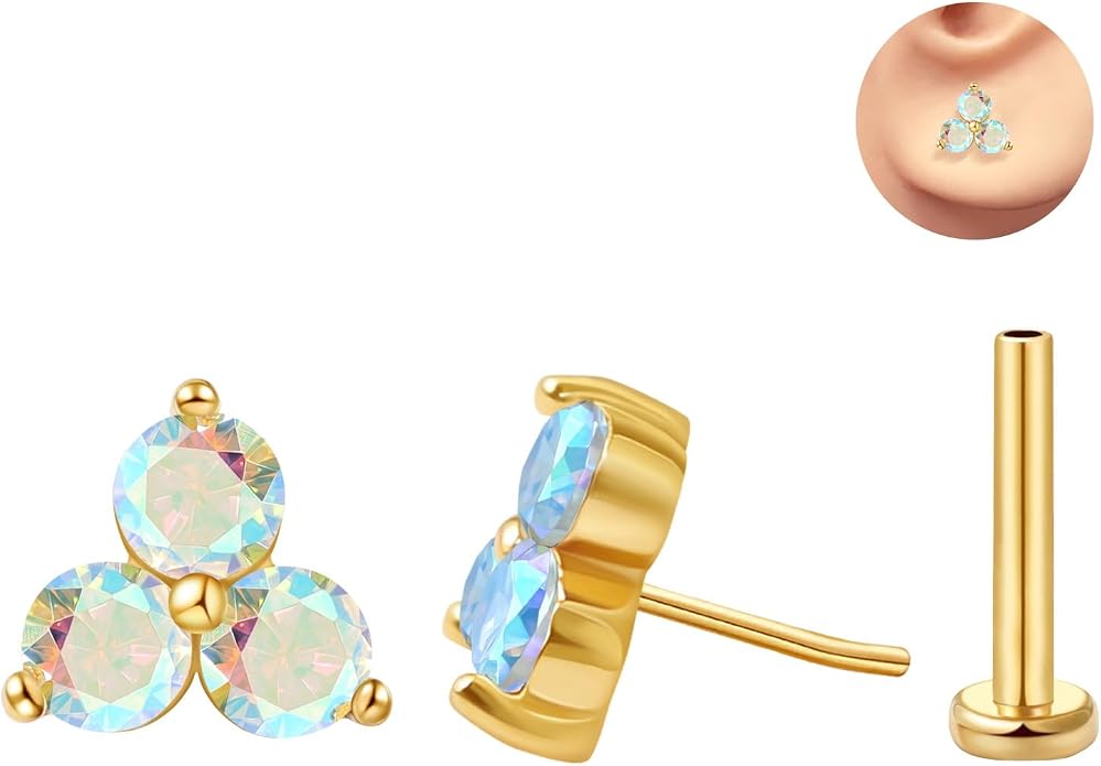 FANSING Cartilage Earring Tragus Stud Trio CZ Stone Flat Back Earring for Helix Conch Threadless Push Pin Labret Stud