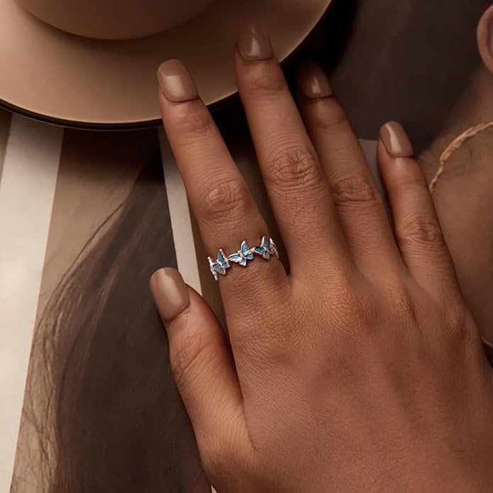 925 Sterling Silver Dainty Daisy Butterfly Paw Heart Eternity Rings Blue Flower Finger Rings for Women Stacking Promise Rings Gift Jewelry