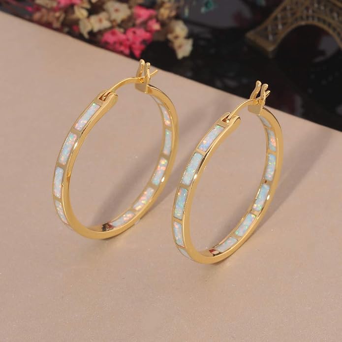 CiNily Opal Hoop Earrings,Women Jewelry Rhodium Plated/Rose Gold or Yellow Gold Plated Gemstone Big Hoop Earrings 32mm
