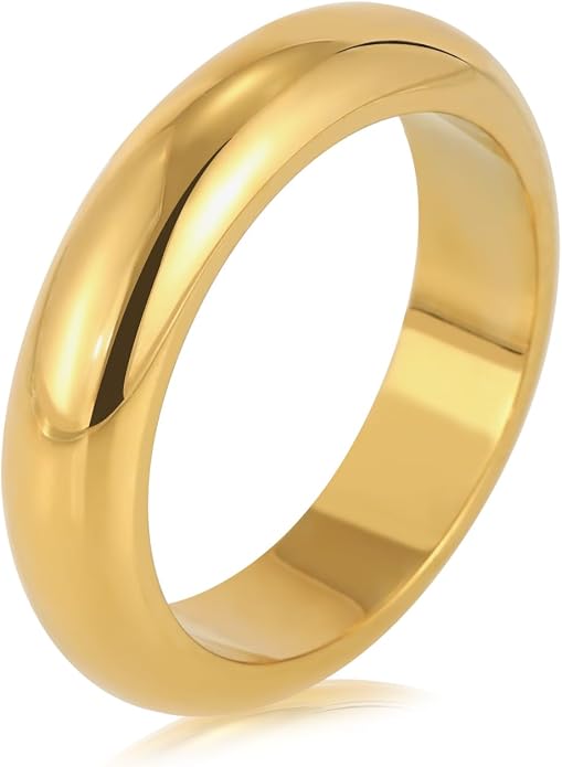 Unisex 5mm Chunky Dome Wedding Band Ring, Comfort Fit Stackable Signet Ring, Tarnish Resistant Hypoallergenic, 18K Gold Plated or Steel