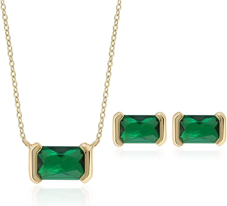 Meissa Square Emerald Earring Necklace Set for Women 925 Sterling Silver Emerald Earring Necklace Set Handmade Gold Necklace May Birthstone Jewelry Gift
