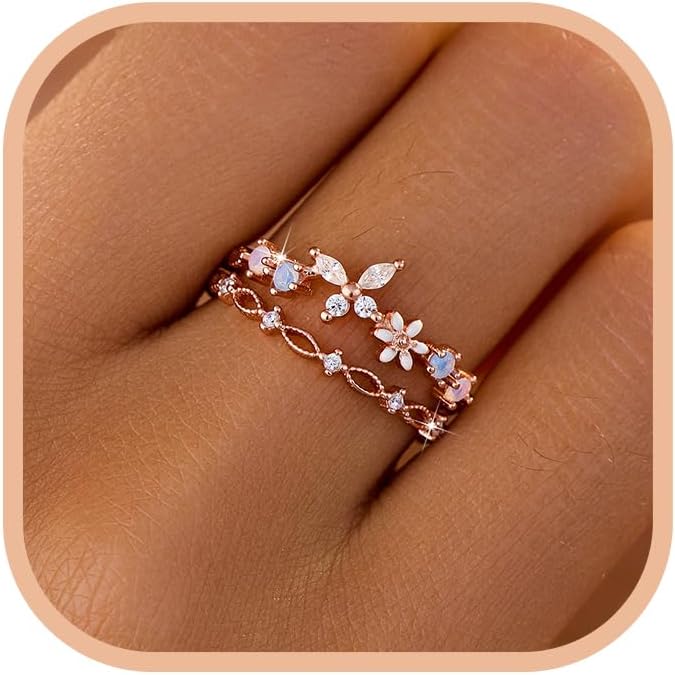 LOVECOM 925 Sterling Silver Butterfly Daisy Flower Rings for Women Mothers Self Love Ring for Myself Adjustable Gold Layered Colorful Opal Cubic Zirconia Stackable Ring Jewelry Gifts to Daughter
