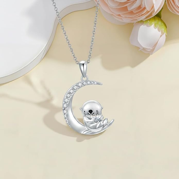 PROESS Animal Birthstone Necklace 925 Sterling Silver Otter/Axolotl/Hippo/Elephant/Dachshund/Monkey/Red Panda Pendant Necklace Animal Birthstone Jewelry Gifts for Women