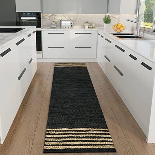 GRUHUM Jute Runner Rug 2'6"x4' ft Natural Fiber Leather Black Jute Area Rug Handwoven Boho Farmhouse Braided Rustic Vintage Ecofriendly Indoor Rugs for Kitchen Living Room Bedroom Hallways Entryways