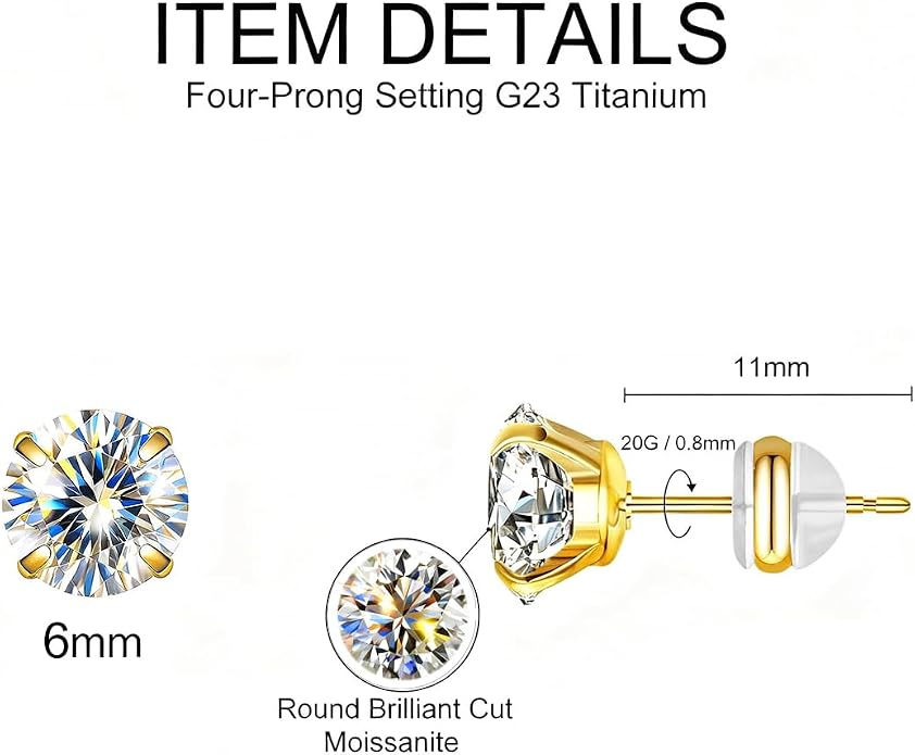 VOJO G23 Titanium Moissanite Stud Earrings, Hypoallergenic Earrings for Women & Men