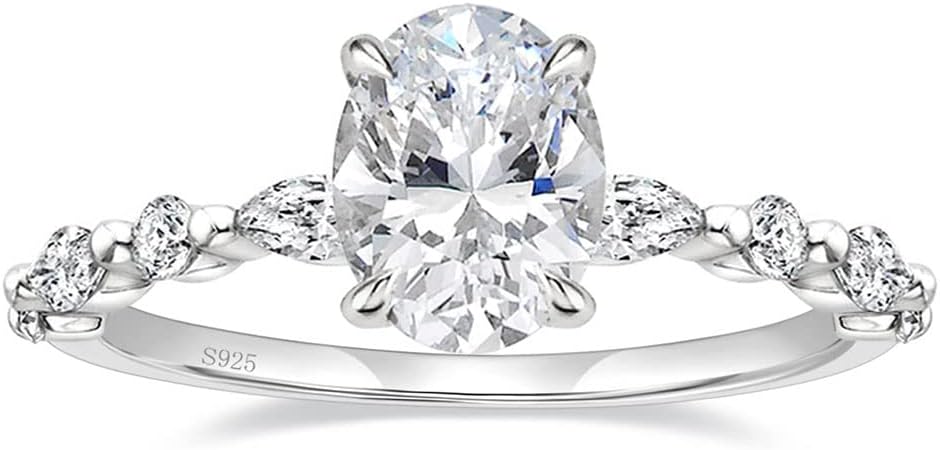 EAMTI 3 Carats 925 Sterling Silver Ring Oval Cut Cubic Zirconia Engagement Solitaire Marquise Promise Ring for Women Size 3-13