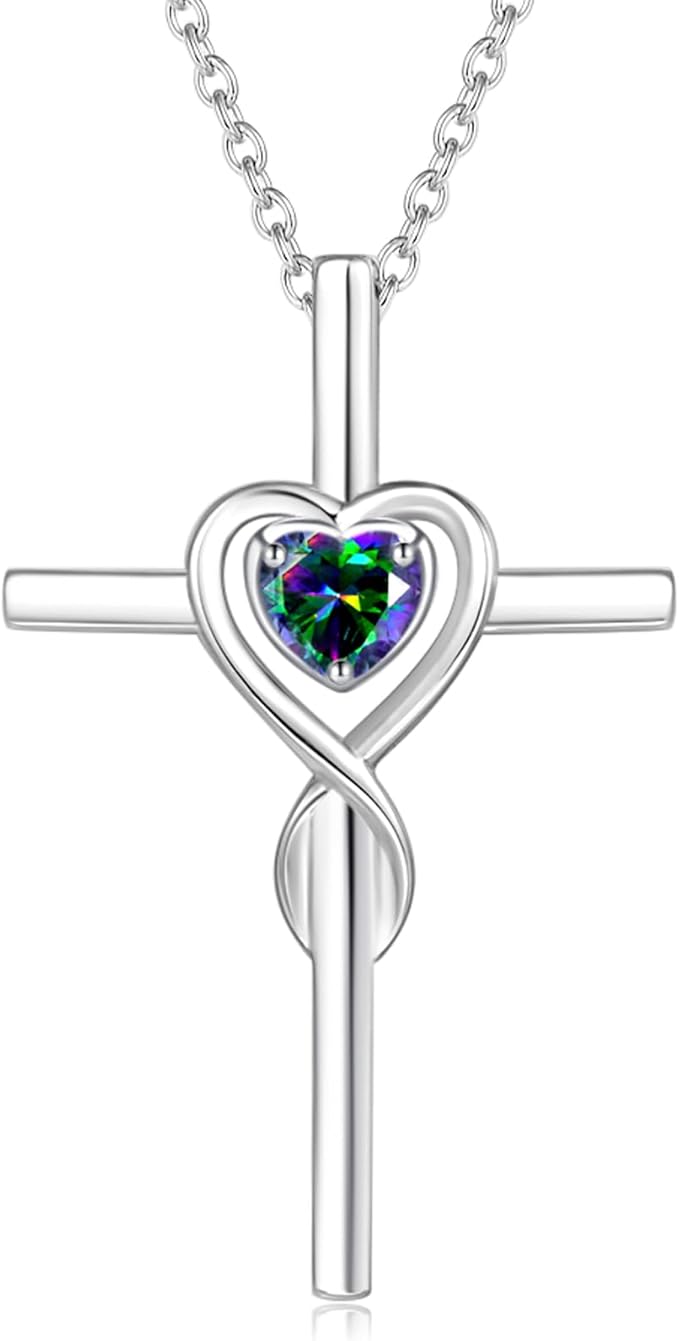 FANCIME Birthstone Cross Necklace for Women Birthstone Necklace Heart Infinity Cross Pendant Necklace Fine Jewelry Christmas Birthday Holiday Gifts for Her, 16"+2" Inches