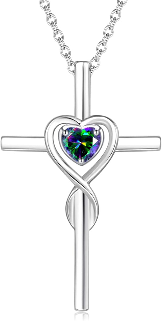 FANCIME Birthstone Cross Necklace for Women Birthstone Necklace Heart Infinity Cross Pendant Necklace Fine Jewelry Christmas Birthday Holiday Gifts for Her, 16"+2" Inches